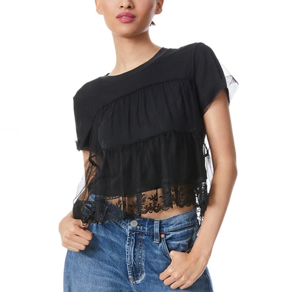 ALICE + OLIVIA Dreema Tiered Lace Tee in Black sz S 295$ - Picture 2 of 5